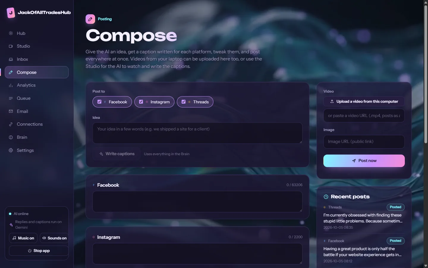 Compose: one idea, a caption per platform, and a history of recent posts.