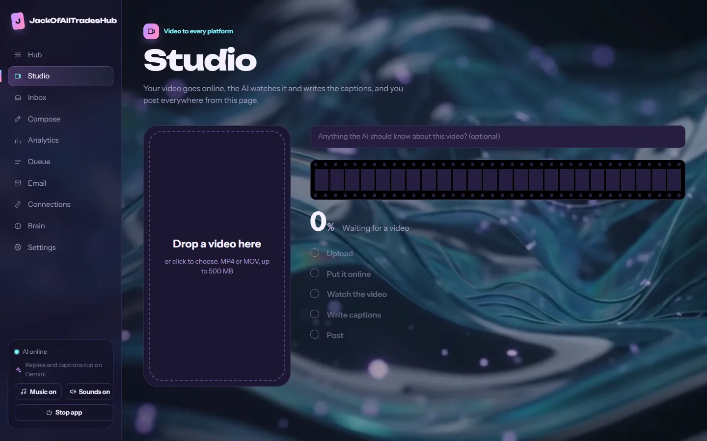 Studio: upload a video, the AI watches it, writes the captions and posts.