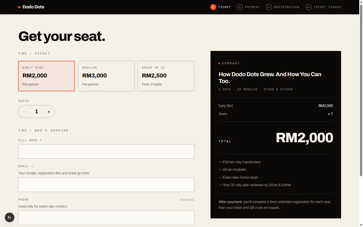 Checkout — ticket tiers, seats and a live order summary.