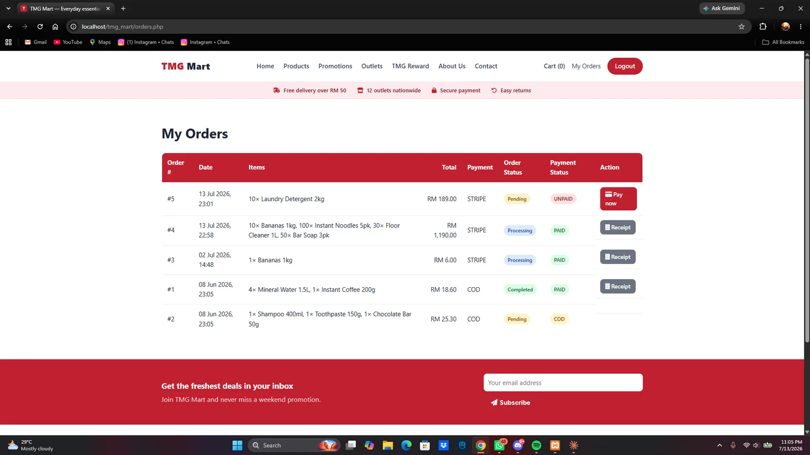 Customer order history with live order + payment status.